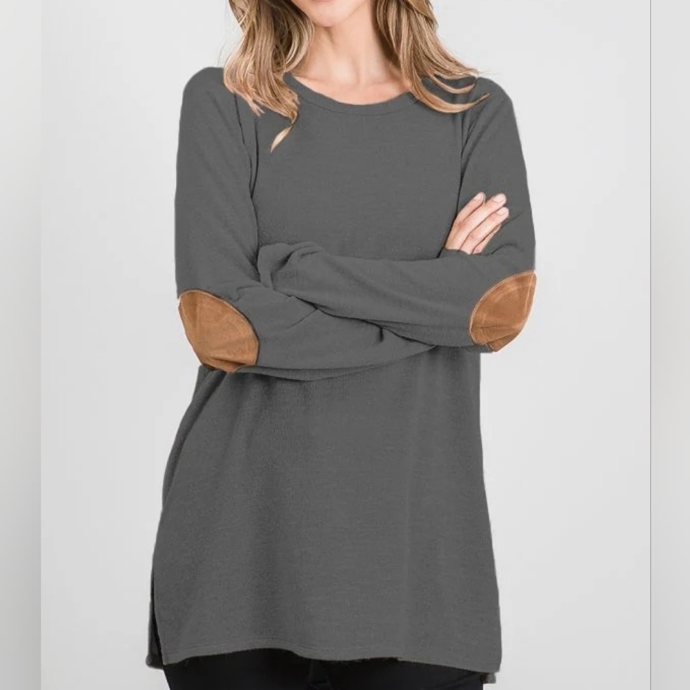 Chic Gray Long Sleeve Top with Tan Elbow Patches